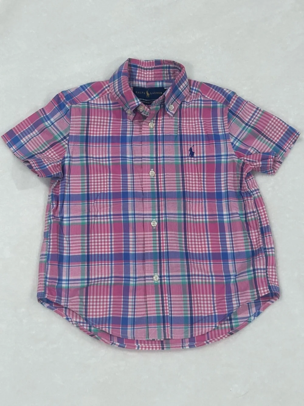 Ralph Lauren shirt button down pink plaid kid toddler boy 3T short sleeve preppy